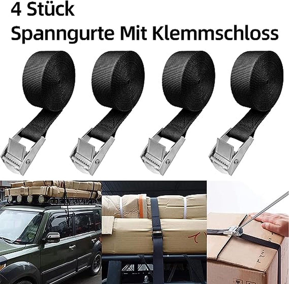 Spanriem bevestigingsriem, 4 x 50 cm ratelspanriem breedte 25 mm sjorband, verstelbare bevestigingsriemen met klemslot voor transport, vracht, bagage, camping (zwart
