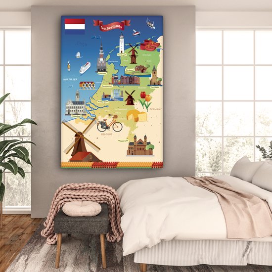 Carte des Nederland avec des vues 120x180 cm - Tirage photo sur Toile (Décoration murale salon / chambre) XXL / Groot format!