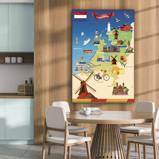 Carte des Nederland avec des vues 90x140 cm - Tirage photo sur toile (Décoration murale salon / chambre)