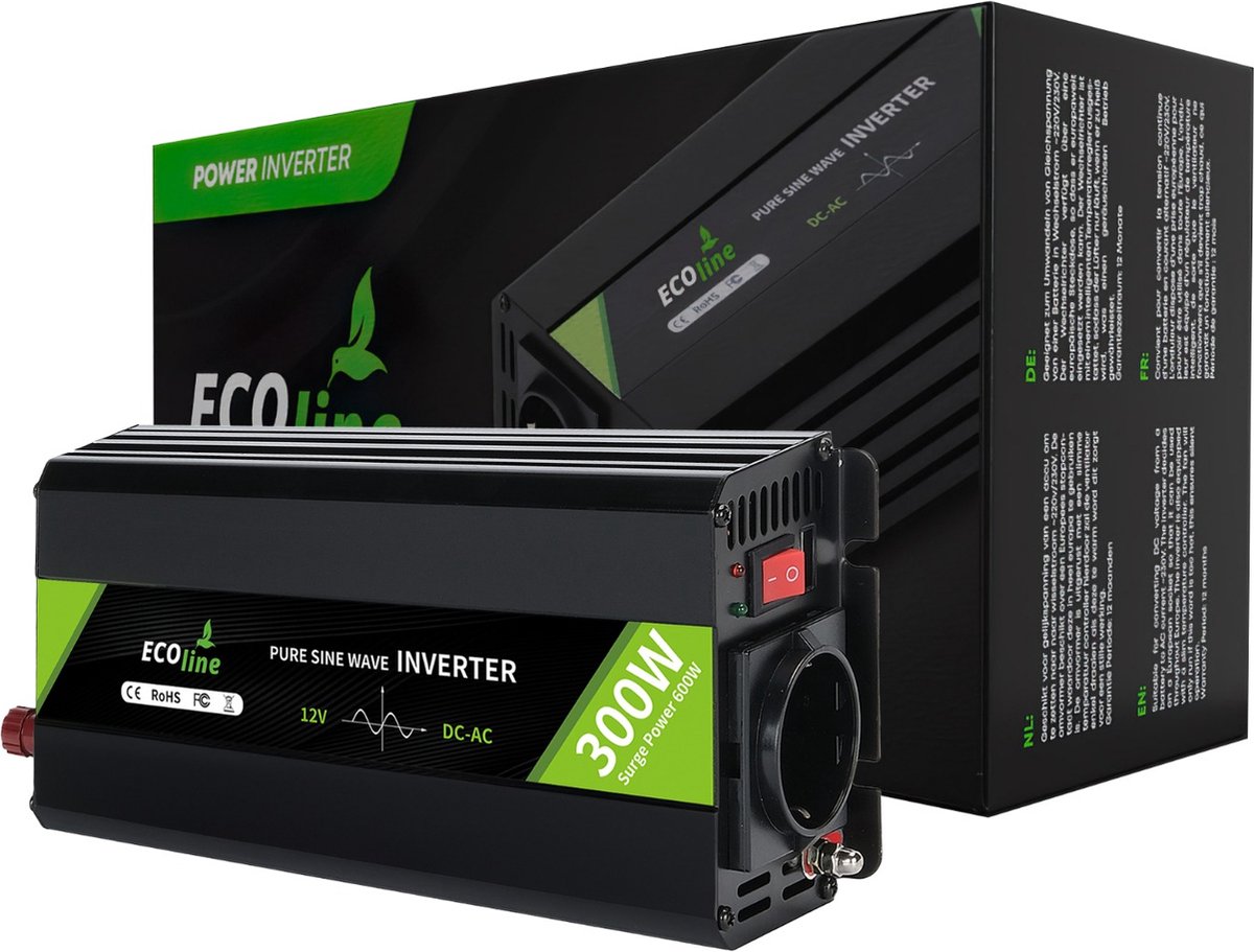 EcoLine - Omvormer 12V Naar 230V 300w Vermogen 600w Piek - Zuivere sinus - Spanningomvormer