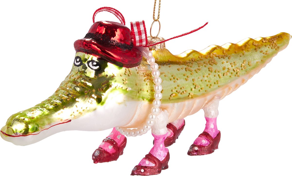 Handgeschilderde glazen kerstbal in de vorm van een grappige krokodil met hoed en schoenen, 20 cm groot.