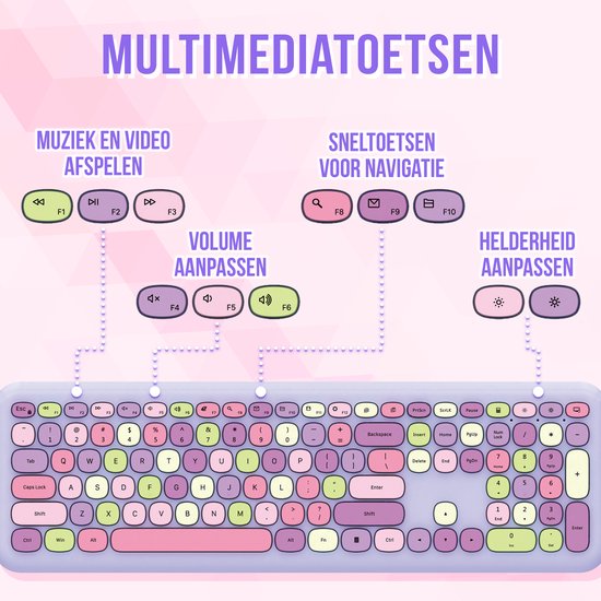 Toetsenbord en Muis Set QWERTY Retro - Draadloos - USB- C-- Stil Toetsenbord - Retro Paars - Gaming Toetsenbord - Silvergear