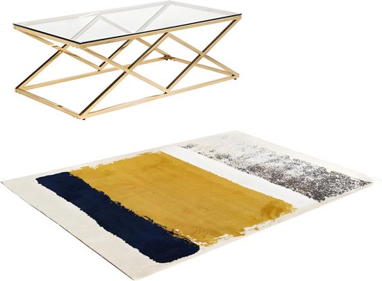 Set goudkleurige salontafel CHARLOTTE en blauw, mostergeel en grijs tapijt CAMDEN L 230 cm x H 40 cm x D 160 cm