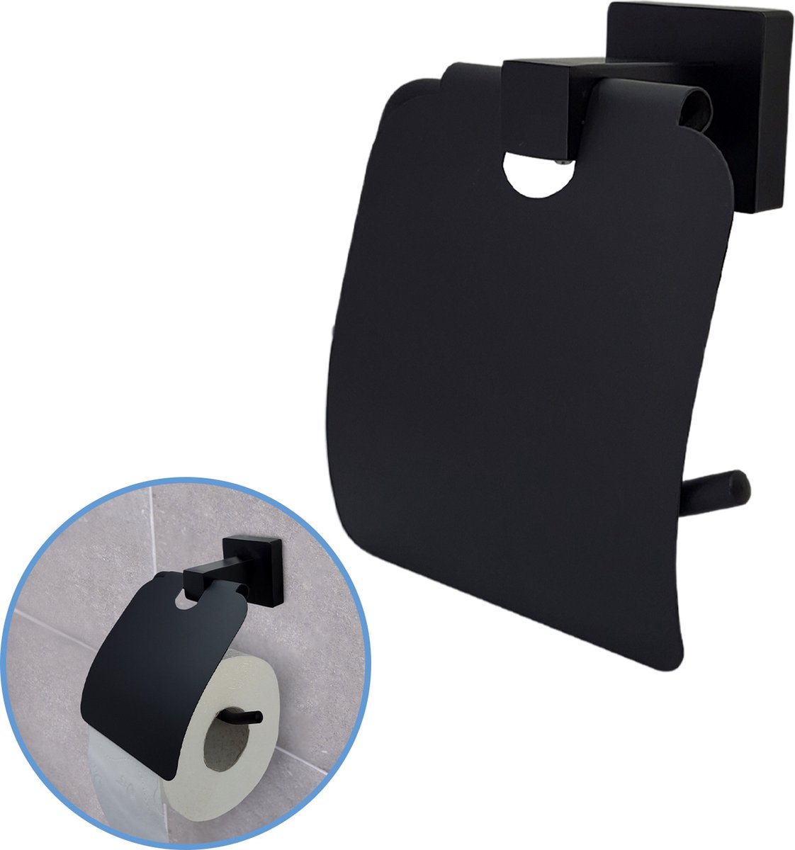 Sanics Seal Toiletrolhouder Zwart met Klep - WC Rolhouder RVS Inclusief Montage set - WC Papier Houder - Closetrolhouder