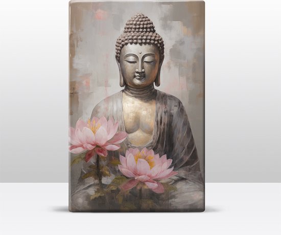 Buddha met bloemen - Laqueprint - 19,5 x 30 cm - Niet van echt te onderscheiden handgelakt schilderijtje op hout - Mooier dan een print op canvas. - LW516