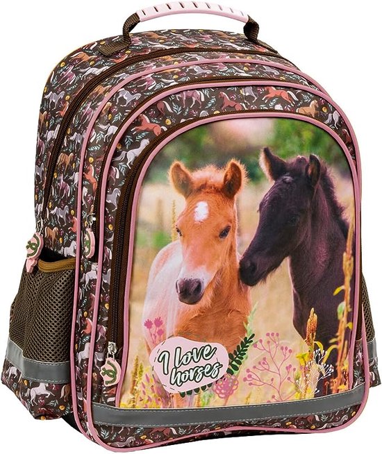 Paard rugtas voor tieners - 3 grote vakken - Paarden pony school kinderrugzak roze/bruin - 38 x 28 x 18 - Kinderen, meisjes