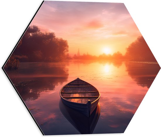 Dibond Hexagon - Houten Bootje Dobberend op het Water bij Felkleurige Zonsondergang - 40x34.8 cm Foto op Hexagon (Met Ophangsysteem)