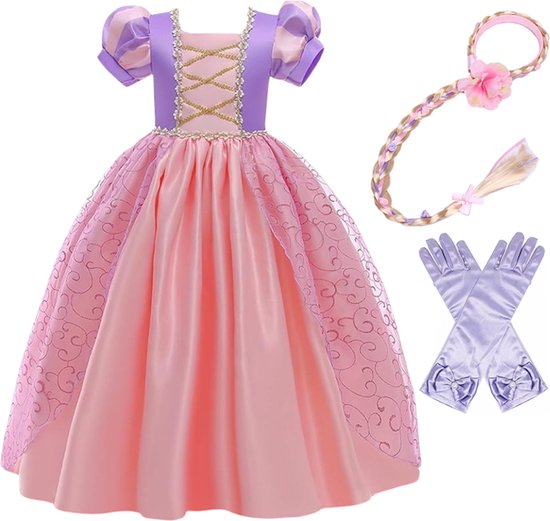 Het Betere Merk - Prinsessenjurk meisje - Roze / Paarse jurk - maat 122/128 (130) - Verkleedkleding meisje - Carnavalskleding Kind - Kleed - Lange handschoenen - Haarband