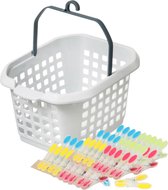 Wasknijpers ophang mandje/bakje - wit - met 60x plastic soft grip knijpers