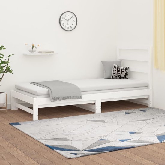 The Living Store Uitschuifbare Slaapbank - Massief Grenenhout - Wit - 205.5 x 182 x 30 cm - Comfortabele ondersteuning - Geen matras inbegrepen