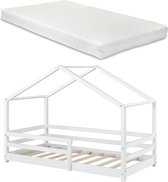 Kinderbed Harper - Grenen - Huisbed - Met matras en valbescherming - 90x200 cm - Wit - Voor meisjes - Voor jongens - Voor kinderen