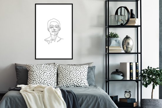 Photo dans le cadre - femme art illustration Line avec les cheveux courts sur un cadre photo fond blanc noir avec monture 60x90 60x90 cm - affiche dans le cadre (Décoration murale salon / chambre à coucher)