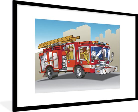 Illustration pour enfants de pompiers dans un camion de pompiers