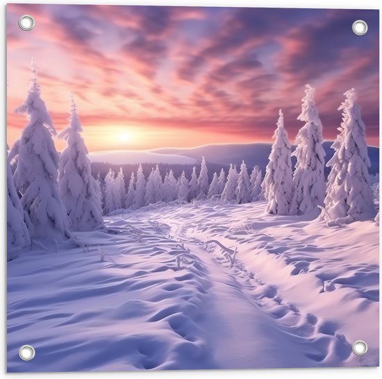 Tuinposter – Bomen - Sneeuw - Bergen - Paars - Wit - 50x50 cm Foto op Tuinposter (wanddecoratie voor buiten en binnen)