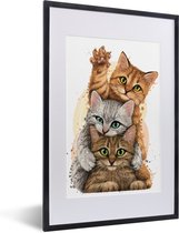 PosterMonkey - Poster - Fotolijst - Kittens - Katten - Dieren - Tekening - Kader - Foto in lijst - 40x60 cm - Poster frame - Poster kat - Foto met lijst - Kamerdecoratie
