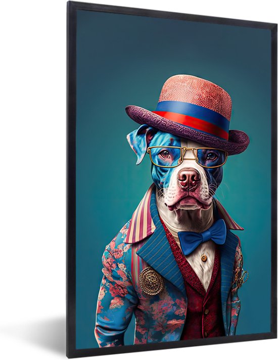 Foto: Fotolijst incl poster hond hoed colbert bloemen blauw 60x90 cm posterlijst