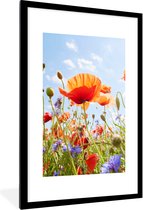 Fotolijst incl. Poster - Bloemen - Klaproos - Lente - Natuur - Rood - Blauw - 60x90 cm - Posterlijst
