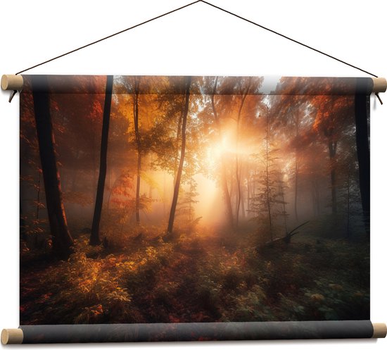 Textielposter - Zonnestralen in het Bos Vol Hersftkleuren - 60x40 cm Foto op Textiel