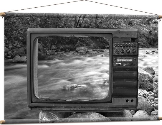 Textielposter - Oude Vintage Televisie met Doorkijk op Rivier (Zwart-wit) - 120x80 cm Foto op Textiel