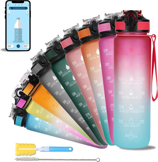 Babyflesje - 1000ml Wasserflasche mit motivierender Zeitmarkierung, Trinkflasche mit Strohhalm, Fitnessstudio, Büro, mobile App mit Trinkwasser-Erinnerung | BPA-frei | Rote Himmel 1L / 32oz