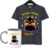 Schattige Pride Vlag Kat - Unisex T-Shirt Mannen en Vrouwen - LGBTQ+ Suporter Kleding - Gay Progress Pride Shirt - Rainbow Community - T-Shirt met mok - Unisex - Mouse Grijs - Maat XXL