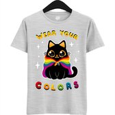 Schattige Pride Vlag Kat - Unisex T-Shirt Mannen en Vrouwen - LGBTQ+ Suporter Kleding - Gay Progress Pride Shirt - Rainbow Community - T-Shirt - Unisex - Ash Grijs - Maat 3XL