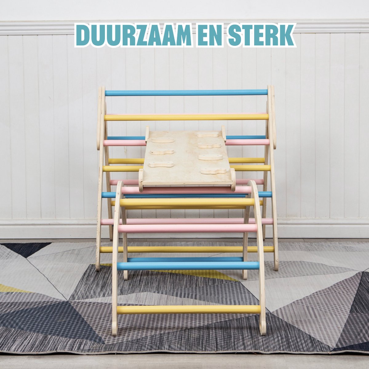 Buxibo XXL Klimrek - Opvouwbare Driehoek + Klimboog + Helling met Glijbaan - Montessori Meubels Houten Speelgym - Pastel - 210x83x81cm — afbeelding 5