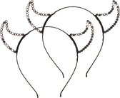 Halloween duivel hoorntjes - 2x - strass glitter - diadeem - zwart - kunststof