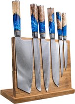 Shinrai Japan™ - COMBIDEAL - Ensemble de couteaux avec bloc de couteaux magnétique - Ensemble de 6 couteaux en Sapphire époxy + Support en acacia Style 1 - Fourni dans une boîte cadeau de luxe
