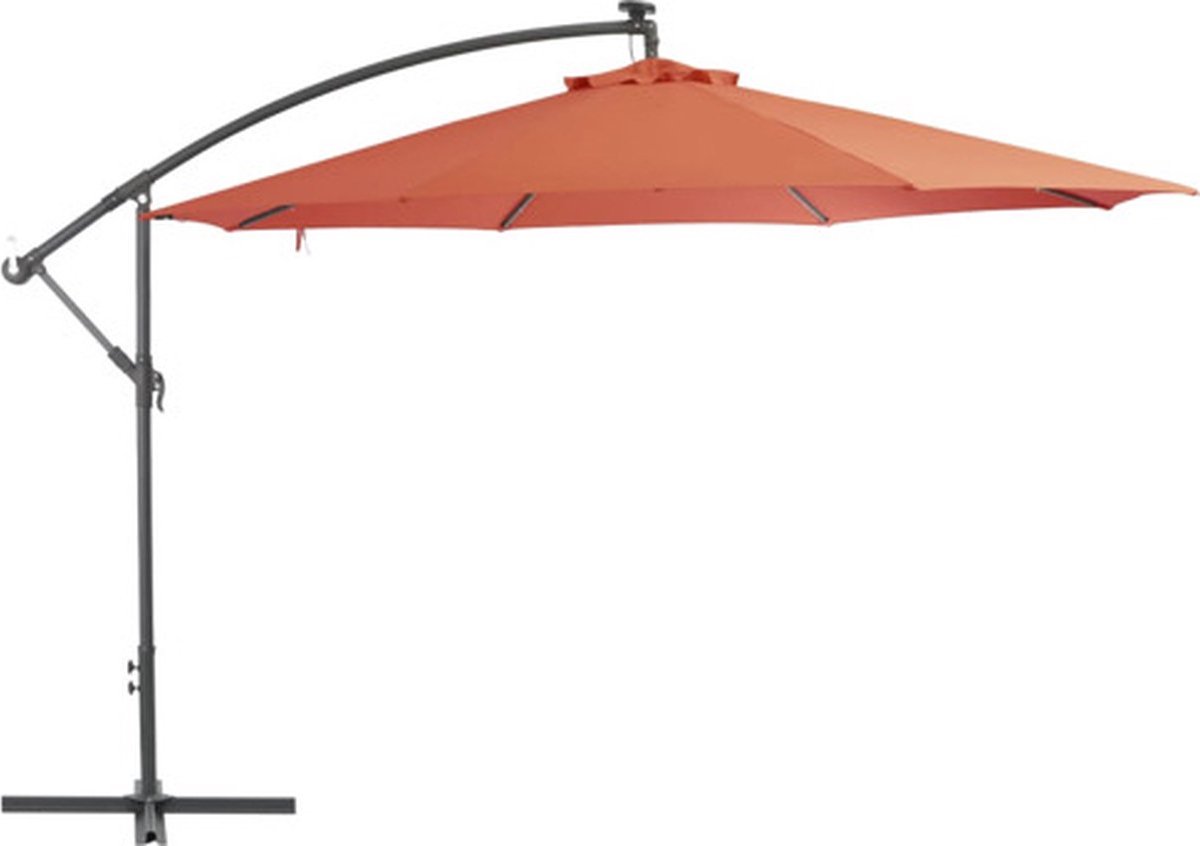 Terracotta hanging parasol with stable cross base, UV-protective polyester, exclusive design.