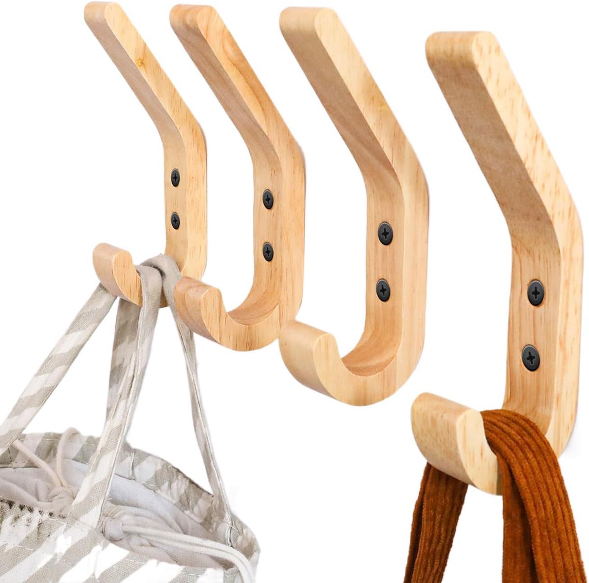 Kledinghaken van hout, 4 stuks, 155 mm, J type garderobehaken, verbeterde modellen, handdoek, wandhaken, kwaliteit A eikenmateriaal, het oppervlak is met de hand gepolijst, voor keuken en