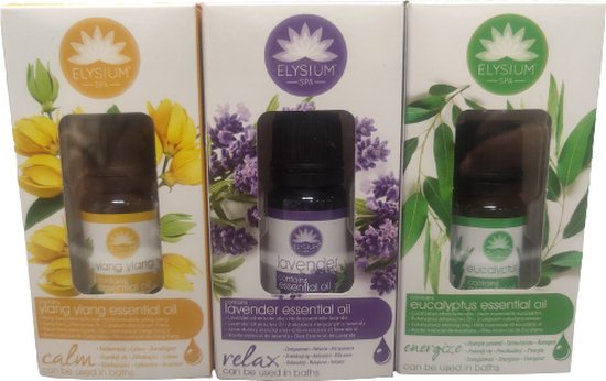 Foto: Essenti le olie calm ylang ylang energize eucalyptus relax lavendel set van 3 etherische olie energie gevend stimulation anregen aromatische olie 10 ml groene gele paarse verpakking