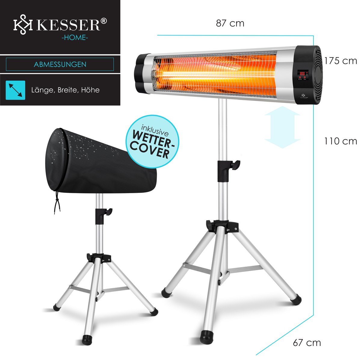 KESSER Terrasverwarmer Elektrisch 2500 W Staand - Infrarood Heater voor Buiten, In Hoogte Verstelbaar, met Afstandsbediening en Beschermhoes - Zilver – foto 6