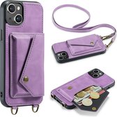 Casemania Hoesje Geschikt voor Apple iPhone 15 Bright Lila - Luxe Back Cover met Koord - Wallet Case - Pasjeshouder