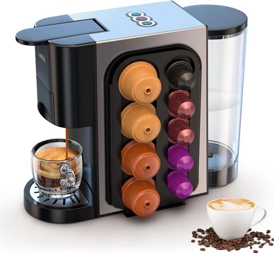 EFBE Schott Machine à Café Avec 4 Embouts - Compatible Avec Nespresso Dolce Gusto Senso Pad & Café Moulu - Réservoir D'eau De 0,6 L - 1450 W - Noir