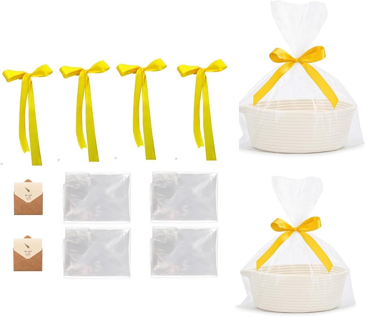 Lege Gevlochten Opbergmanden Set met Cadeautas, Strik en Wenskaart voor Verjaardag, Bruiloft en Pasen - 2 Stuks (Wit)