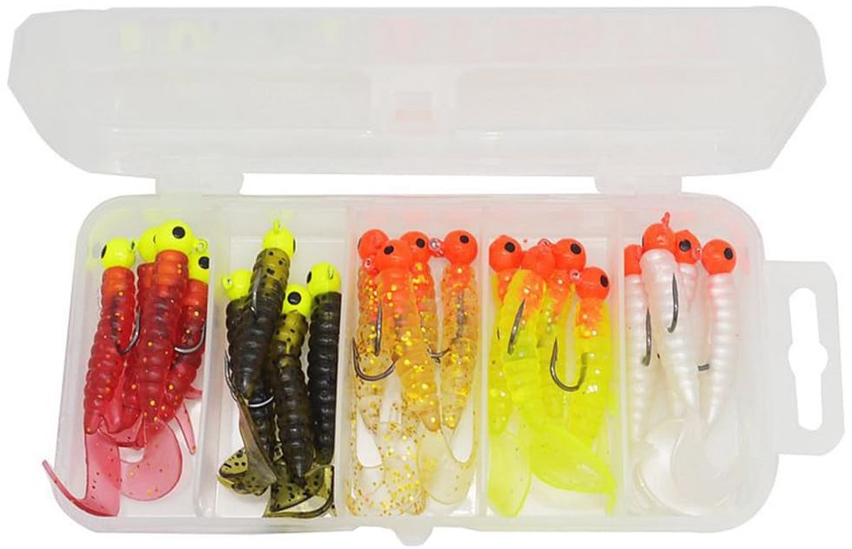 Jhubersproducts - Vissen Soft Lokt Set - Kunstmatig Vissenaas - 5 cm - Jig Heads Haken - Bionische Wormen - 20 Pack voor Bas Forel Snoeken - Ideaal vo