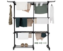 Jubbly® – Uitschuifbare Droogtoren – Inklapbaar Wasrek – Uitgerust met Wieltjes – 4 Verdiepingen – 40 meter Drooglengte – 45 kilo Draaggewicht – Wastoren Staand – Droogrek op Wielen - Zwart