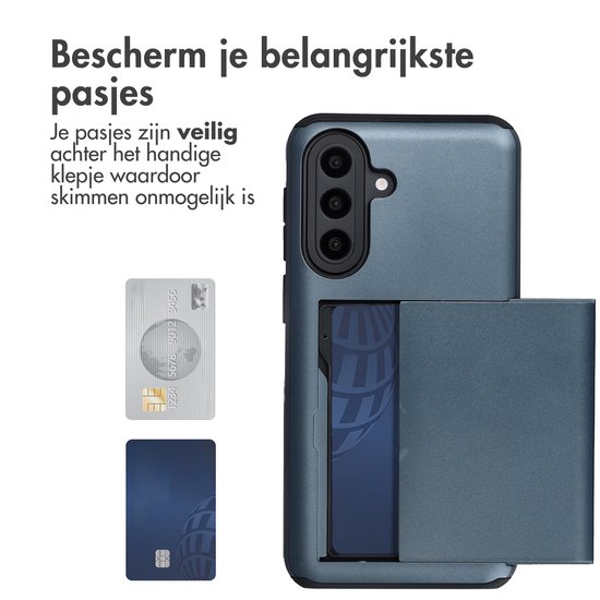 Donkerblauw telefoonhoesje met schuifvak voor twee pasjes, met voorbeelden van pasjes.