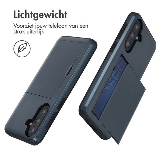 Donkerblauw telefoonhoesje met een schuifvak voor pasjes aan de achterkant.
