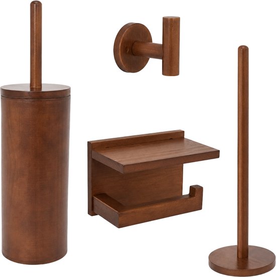Vier stuks toiletaccessoires in donker hout: toiletborstelhouder, wandrekje, toiletrolhouder en staande rolhouder.