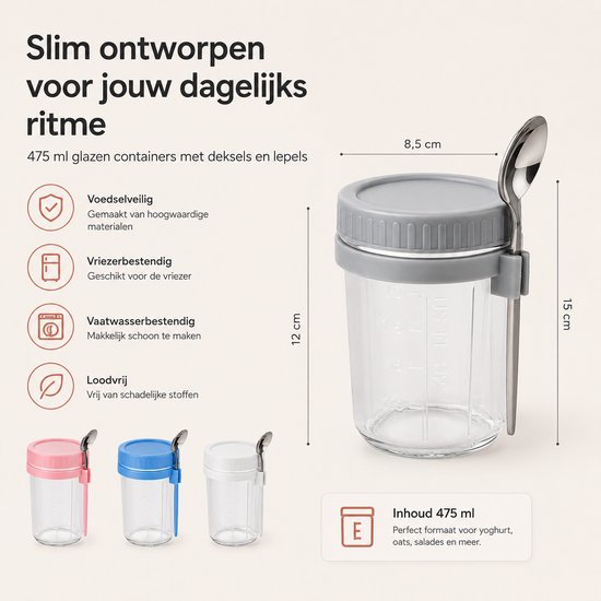 Bocal de flocons d'avoine BOTC Overnight Oats - Bocaux de conservation - Set de 4 avec Cuillères - 4 x 475 ml - Bocaux en Verres avec couvercles - Bocal Mason