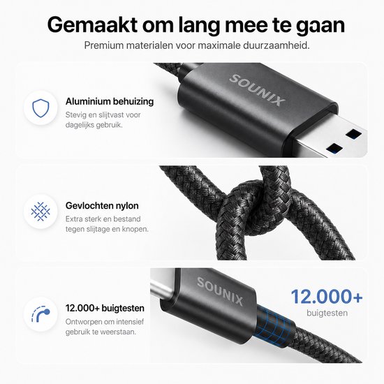 Hub USB Sounix noir avec connexions USB 3.0 et USB 2.0, à côté d'un MacBook et d'une carte SD.