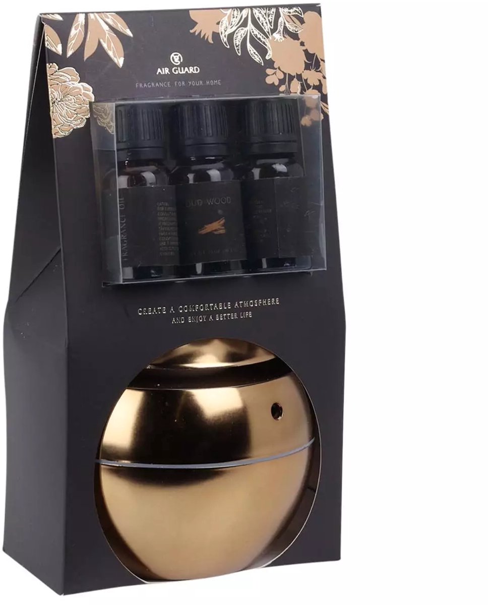 Aroma Diffuser Set Goud – USB Luchtbevochtiger 130 ml met LED Verlichting – Inclusief 3 Geuroliën 10 ml – Zwarte Pioenroos, Granaatappel & Oudhout — cadeau in Wonen & Interieur - foto 3