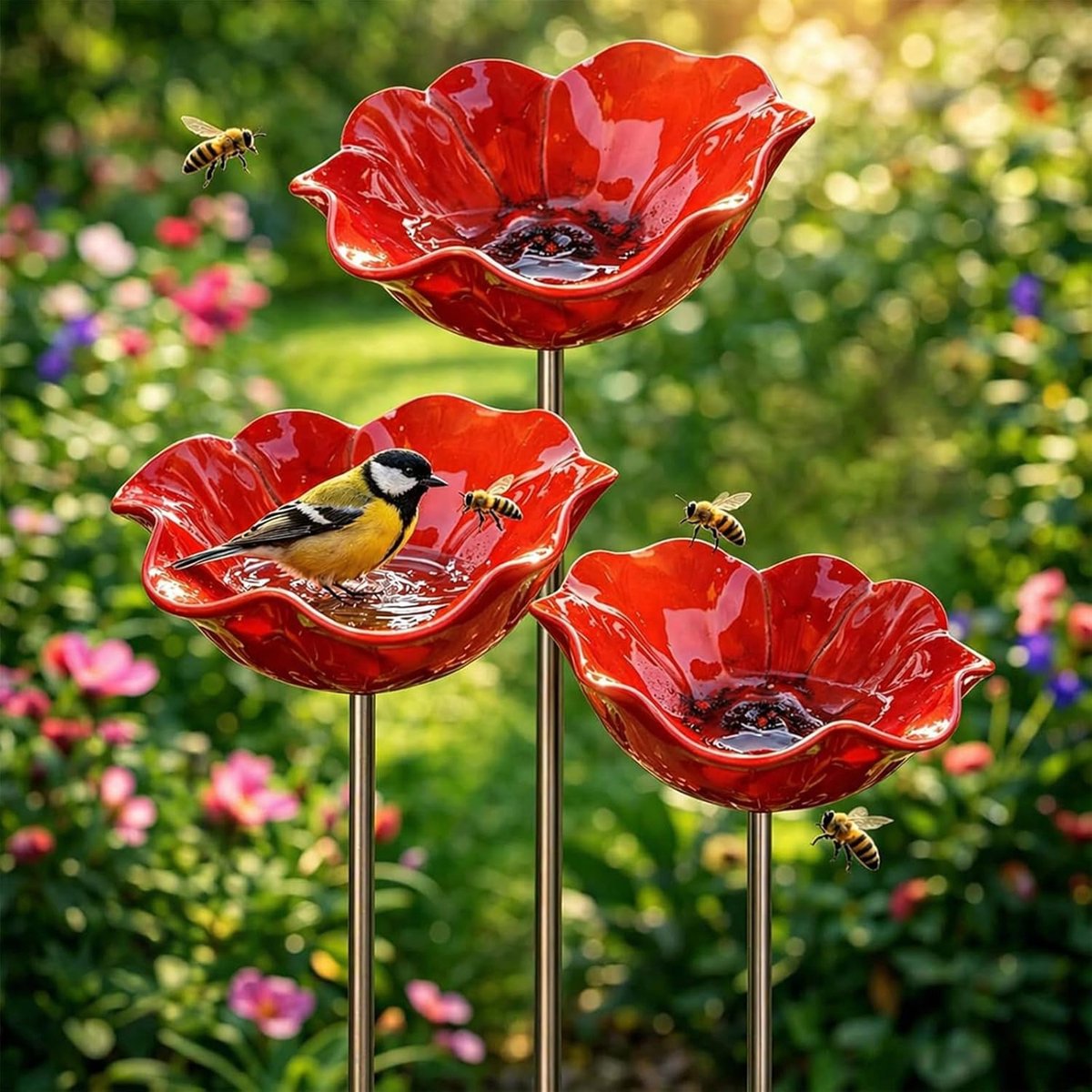 Drinkfles voor vogels - 14*14*65 cm - Hoogwaardig legeringsmateriaal - Elegant bloemenontwerp - Tuindecoratie - Huisdierbenodigdheden - Rode driedelige set