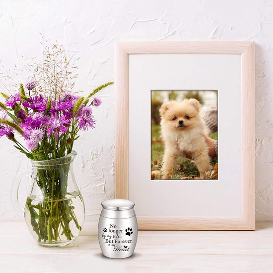 Zilverkleurige mini-urn met pootafdruk-opschrift, naast een lijst met een puppy en een vaas met paarse bloemen.