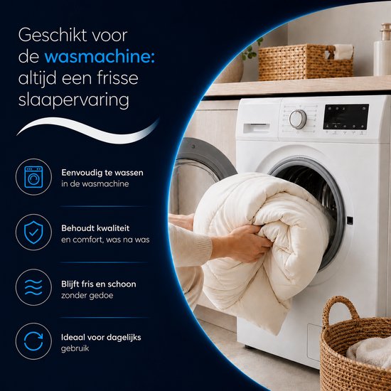 Crème deken met quiltpatroon wordt in een wasmachine gestopt, met tekst over wasbaarheid.