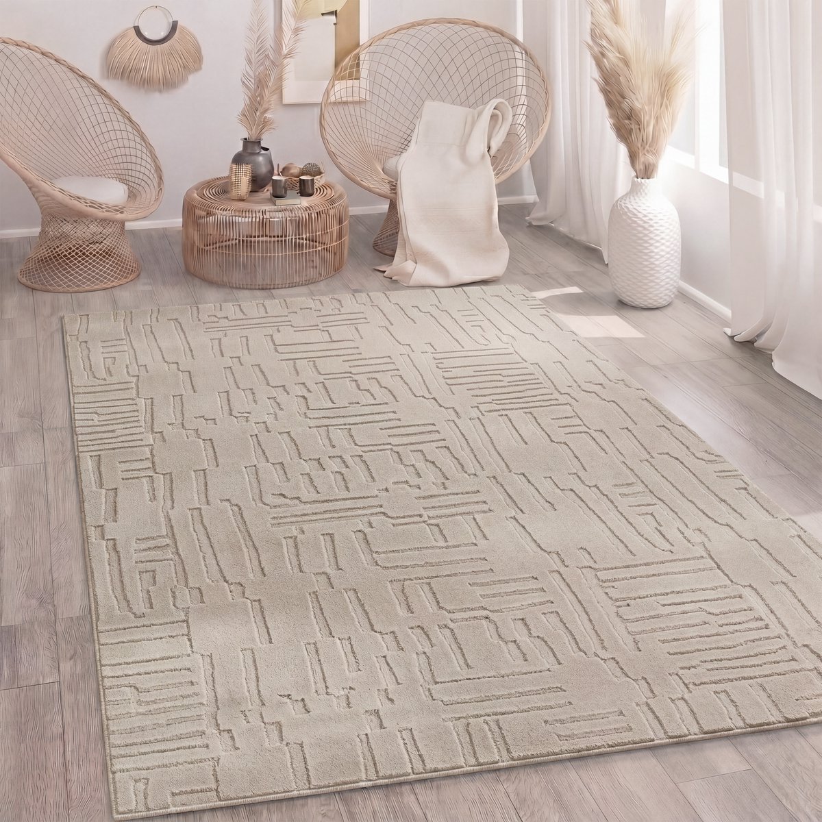 Paco Home Vloerkleed Woonkamer Hoogpolig Scandinavisch Boho Geometrisch Abstract Wasbaar Beige 240x340 cm