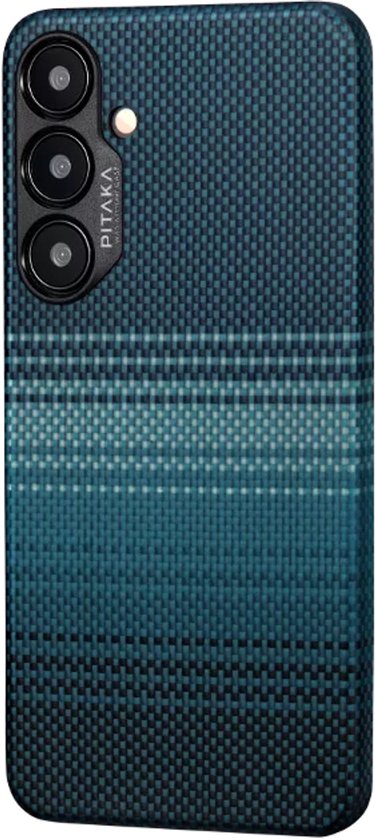 Blauw telefoonhoesje van aramidevezels met een horizontale streepjespatroon.