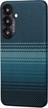 Blauw telefoonhoesje van aramidevezels met een horizontale streepjespatroon.